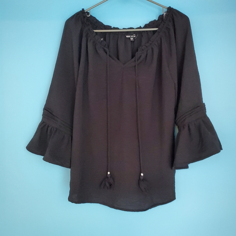 Unique Spectrum Blouse Small Black V-Neck Tasseled